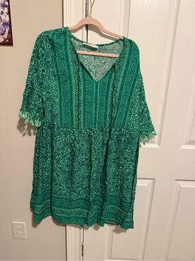 Green V-Neck Boho Mini Dress with Tassel Trim